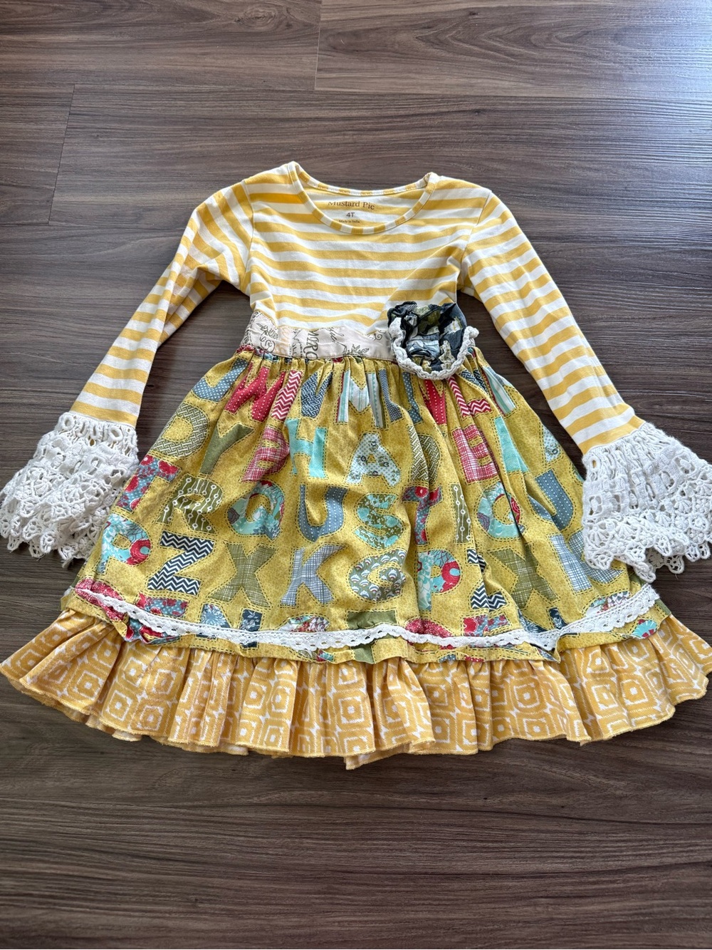 Girls' 4T Mustard Pie Yellow Striped, Alphabet Patterned Lace-Trim Dress
